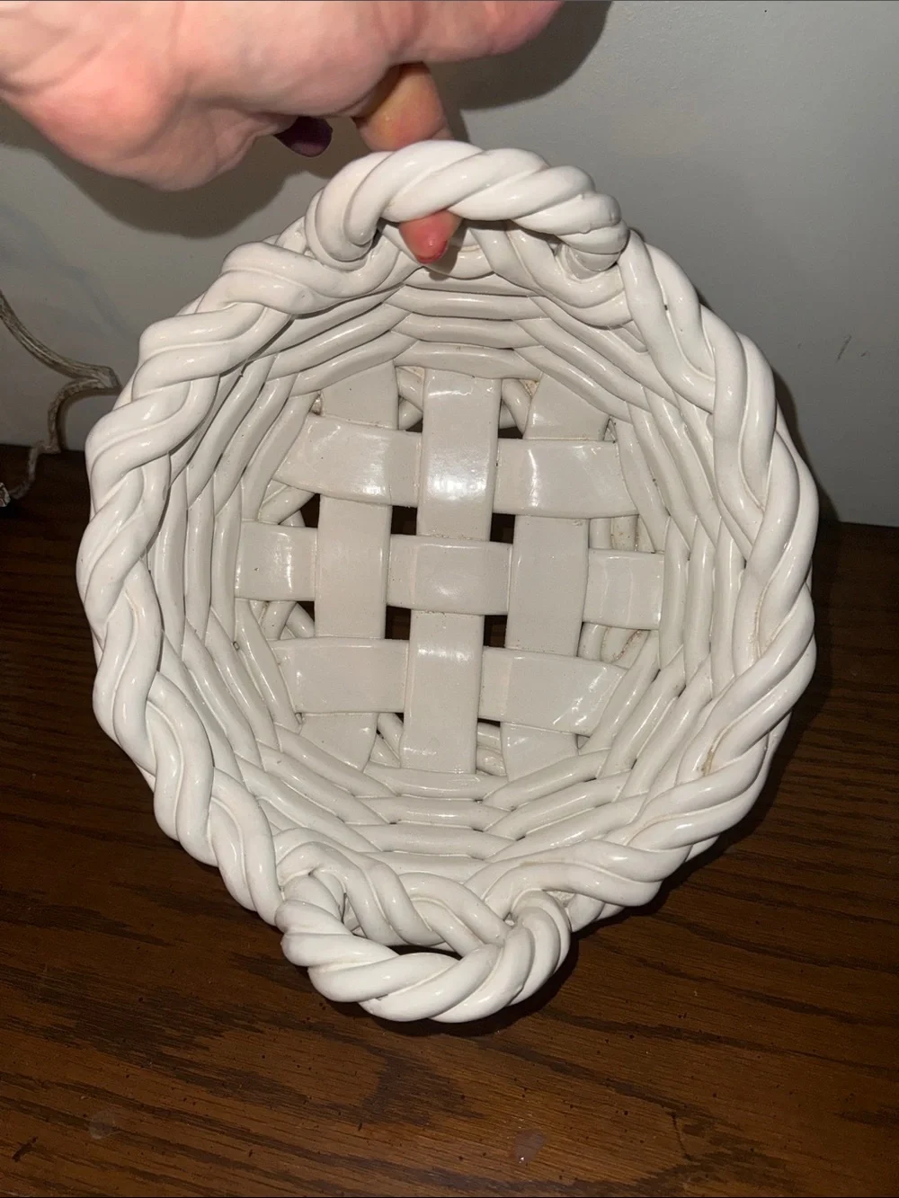 White Ceramic Woven Basket / Bread Decorative Bowl Stamped Made in Italy